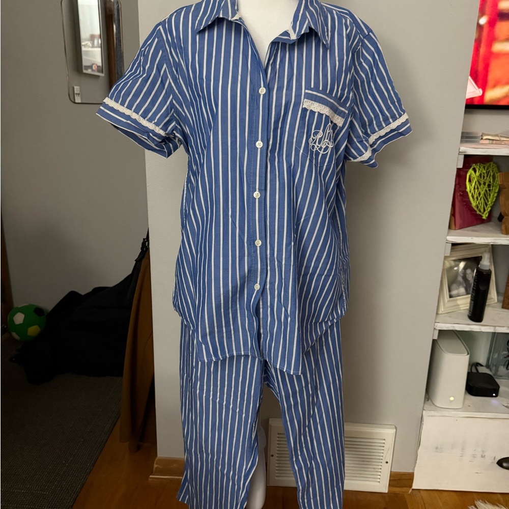 Women’s Ralph Lauren Blue Stripe Pajama Set - Classic Button-Up sz. XL